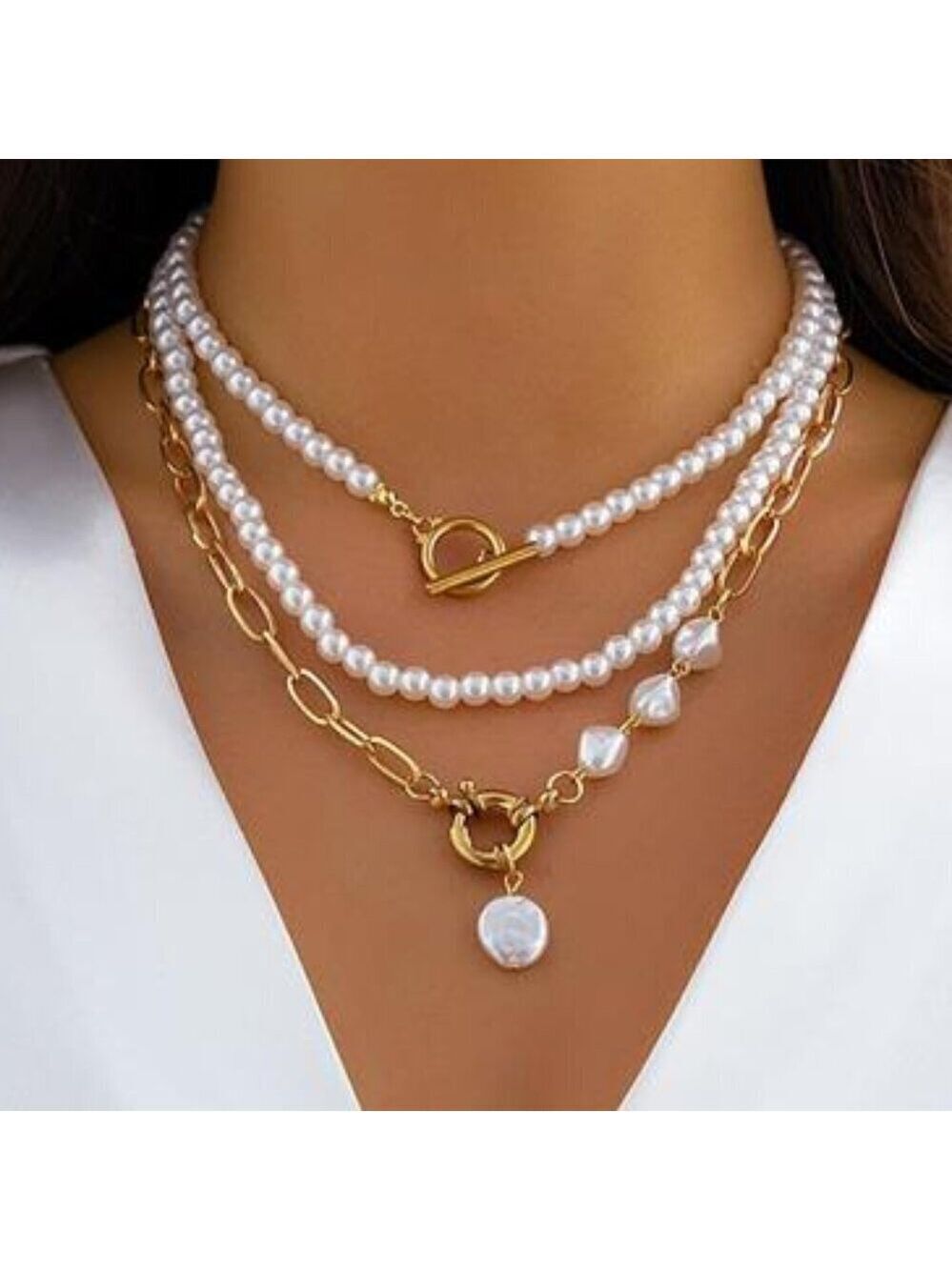 3 Pcs Gold Pearl Necklace Kira Gold Layered Necklaces Chunky Statement Stackable